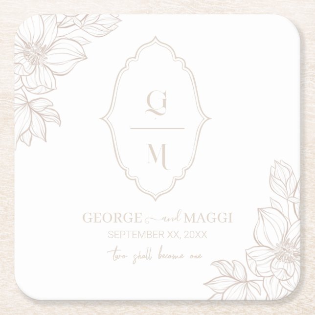 1st Letters Bride, Groom With Magnolia Line Art Square Paper Coaster (Front)