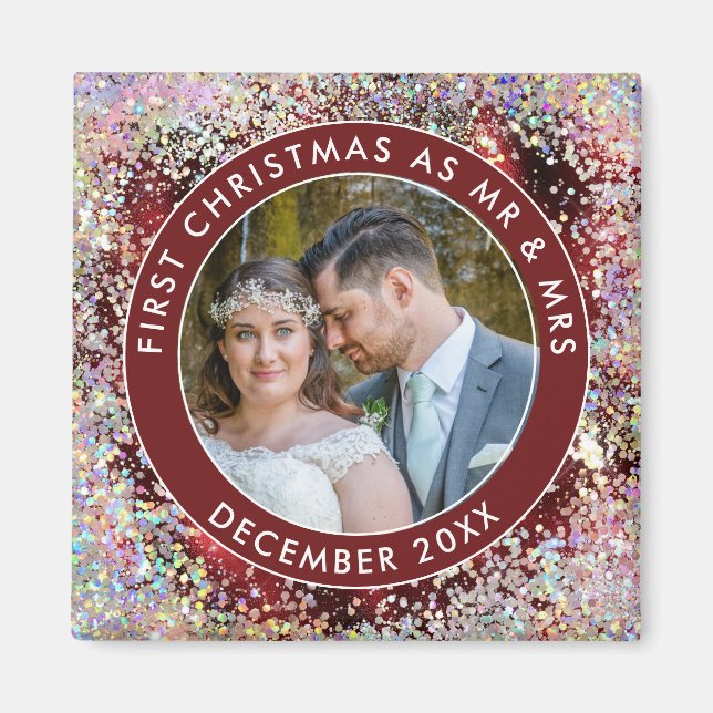 1st Married Christmas Glitter  Photo Name Burgundy Magnet (Front)