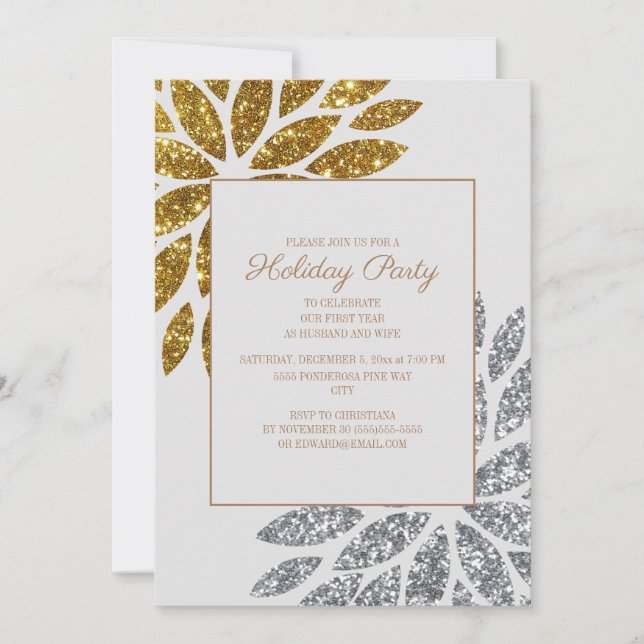1st Married Christmas Holiday Party Gold Silver Invitation (Front)