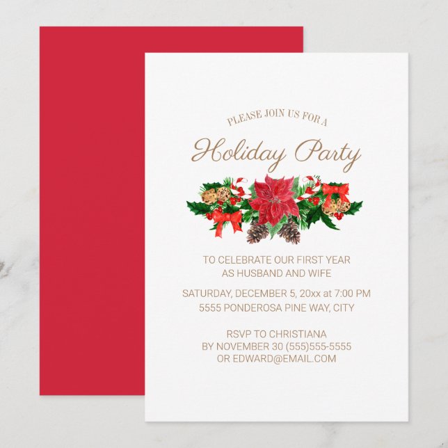 1st Married Christmas Holiday Party Red Poinsettia Invitation (Front/Back)