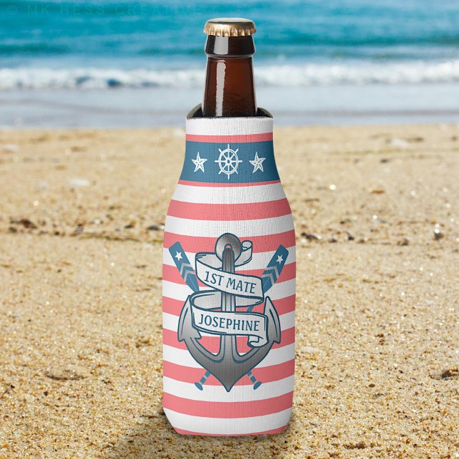1st Mate Anchor Nautical Oars Stripes Personalised Bottle Cooler (Creator Uploaded)