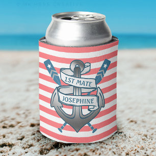 1st Mate Anchor Nautical Oars Stripes Personalised Can Cooler