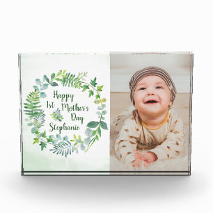 1st Mother's Day Greenery Wreath Personalised Photo Block