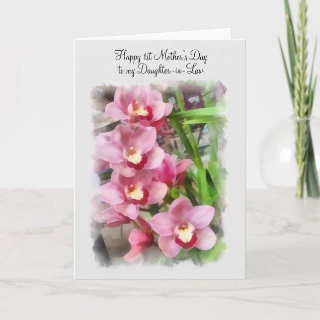 1st Mother's Day to daughter-in-law pink orchids Card (Front)