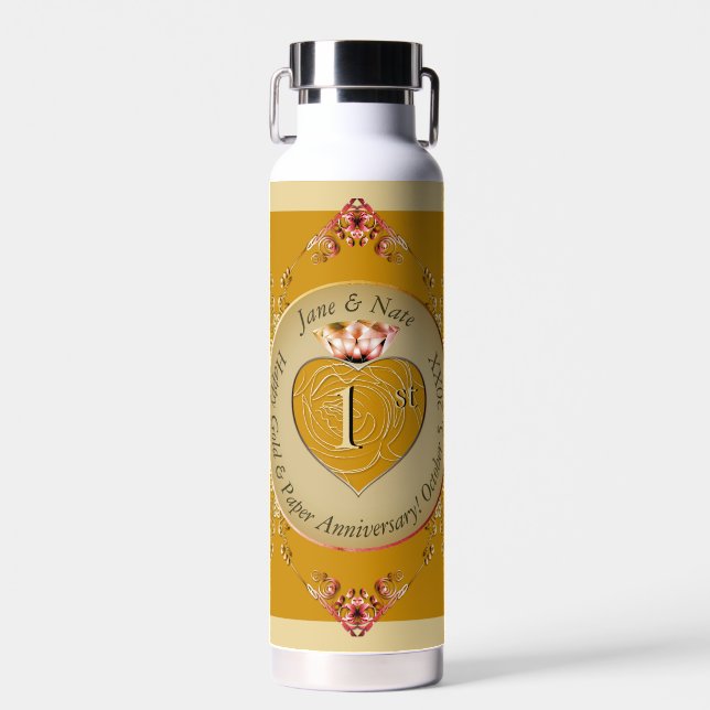 1st or 50th Golden Ochre Wedding Anniversary Water Bottle (Front)
