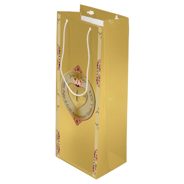1st or 50th Wedding Anniversary Golden  Wine Gift Bag (Front Angled)