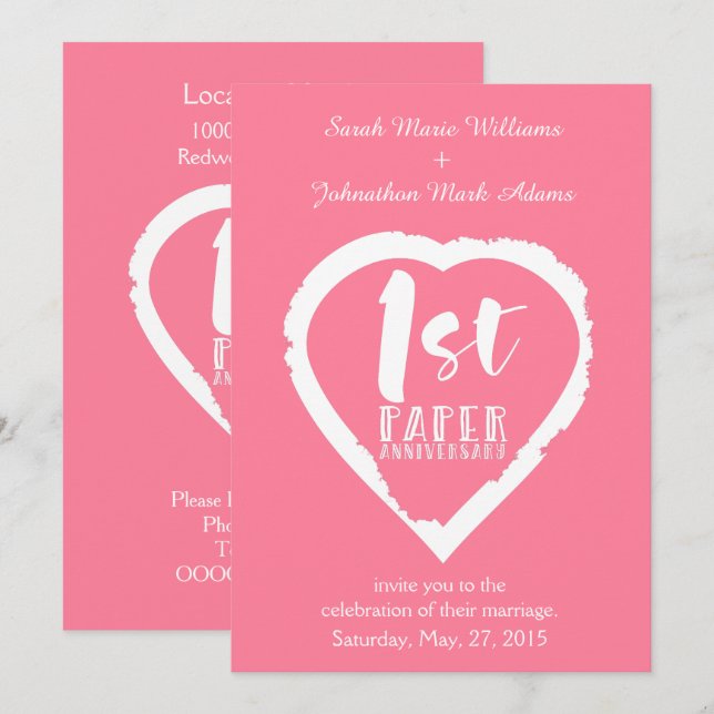 1ST paper wedding anniversary heart Invitation (Front/Back)