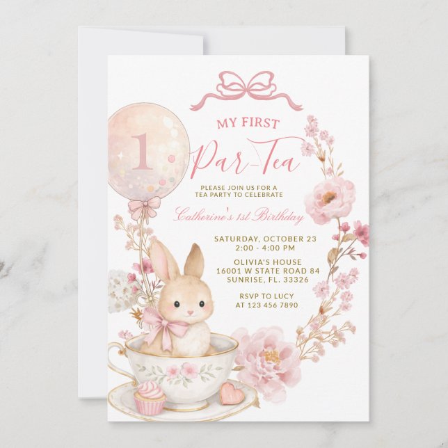 1st Par-Tea Bunny First Birthday Party Girl  Invitation (Front)
