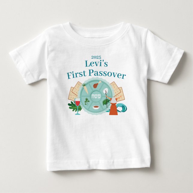 1st Passover Blue Custom Boy Name Year Baby T-Shirt (Front)