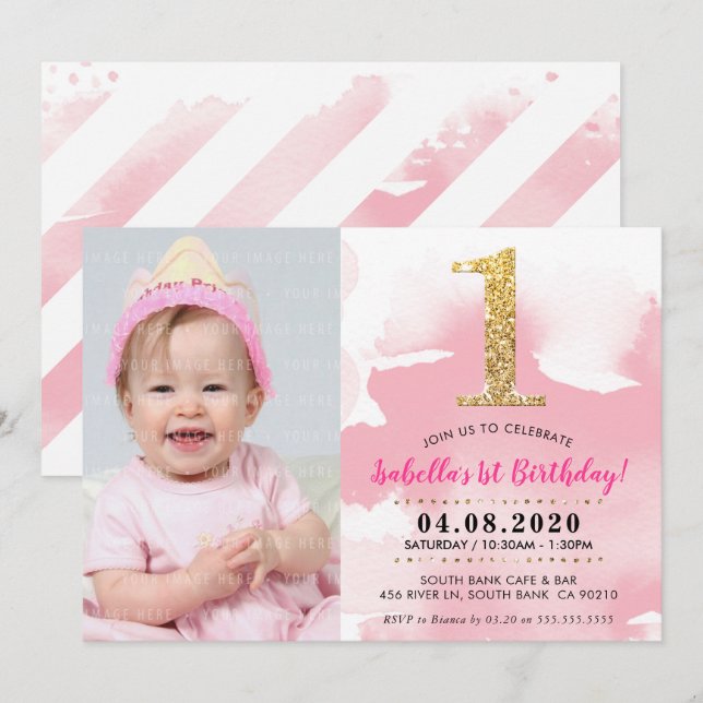 1ST PHOTO BIRTHDAY PARTY INVITE gold glitter pink (Front/Back)
