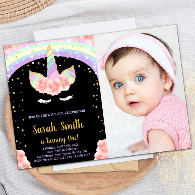 1st Pink Unicorn Birthday Invitations with photo (1st Pink Unicorn Birthday Invitations with photo)
