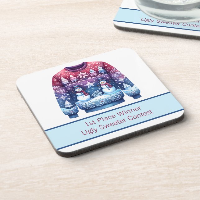 1st Place Winner Ugly Sweater Blue Red Purple Coaster (Left Side)