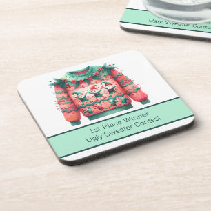 1st Place Winner Ugly Sweater Contest Pink Green Coaster