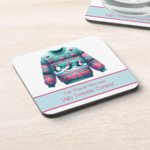 1st Place Winner Ugly Sweater Contest Pink Teal Coaster