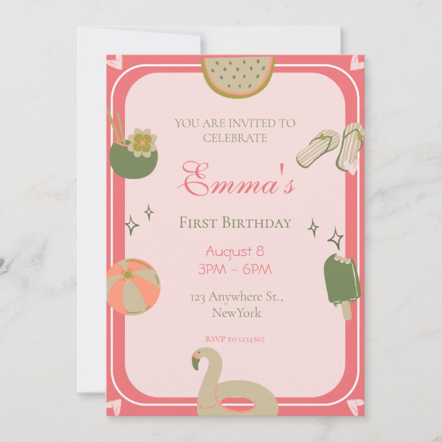 1st Pool Party birthday invitations photo. (Front)