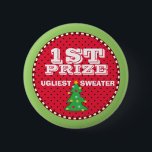 1st Prize Ugly Sweaters Holiday Contest Button<br><div class="desc">Having an Ugly Sweater party? Then this is the pin for you! This button makes a great prize for the winner of your Ugly Sweater contest. Change the size / text to make a big 1st place, medium 2nd place, and small 3rd place button for the top winners with the...</div>