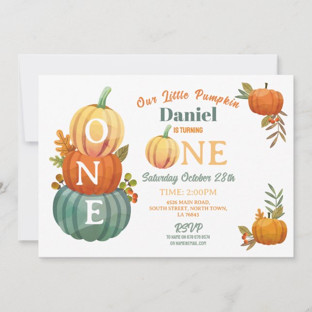 1st Pumpkin Birthday Harvest Party Boys Blue  Invitation (Front)
