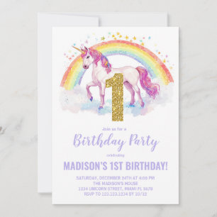1st Rainbow Unicorn Birthday Invitations