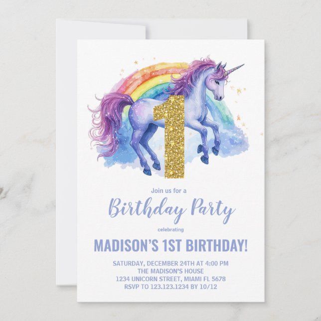 1st Rainbow Unicorn Birthday Invitations (Front)