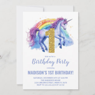 1st Rainbow Unicorn Birthday Invitations