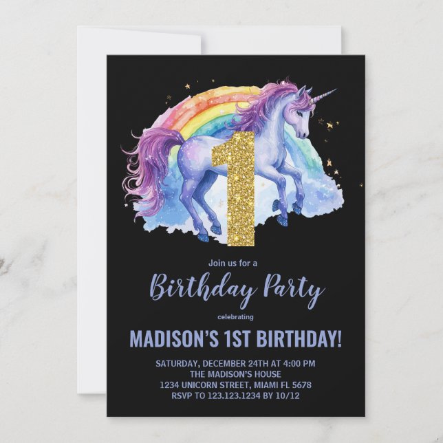 1st Rainbow Unicorn Birthday Invitations (Front)