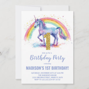 1st Rainbow Unicorn Birthday Invitations