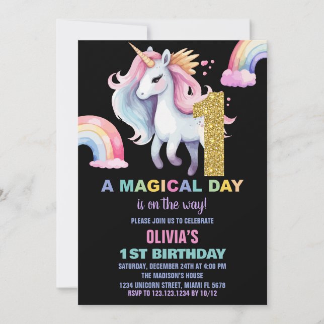 1st Rainbow Unicorn Birthday Invitations Glitter (Front)