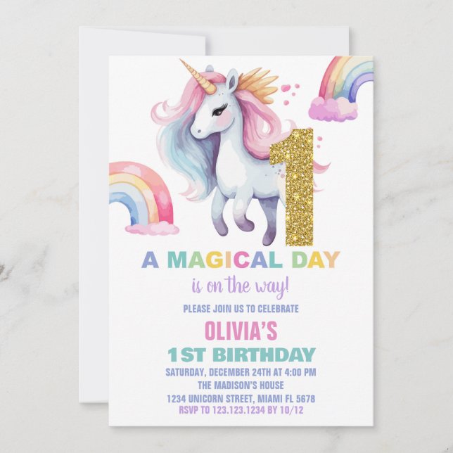 1st Rainbow Unicorn Birthday Invitations Glitter (Front)