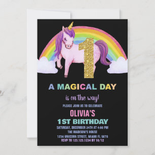 1st Rainbow Unicorn Birthday Invitations Glitter