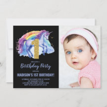 1st Rainbow Unicorn Birthday Invitations photo