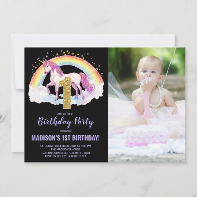 1st Rainbow Unicorn Birthday Invitations photo (Front)
