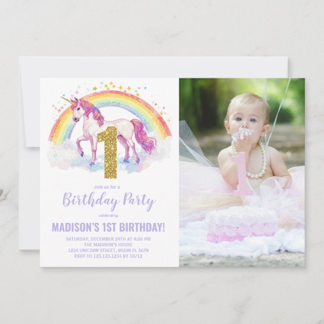 1st Rainbow Unicorn Birthday Invitations photo (Front)