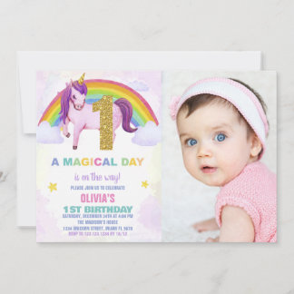 1st Rainbow Unicorn Birthday Invitations photo