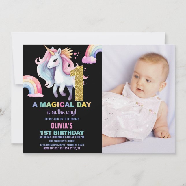 1st Rainbow Unicorn Birthday Invitations w photo (Front)