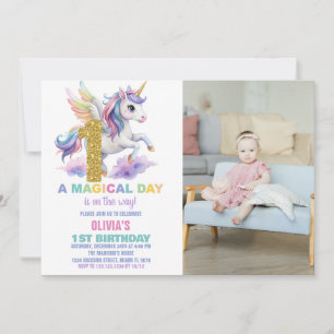 1st Rainbow Unicorn Birthday Invitations w photo