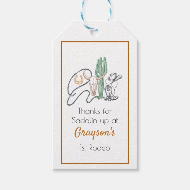 1st Rodeo, First Rodeo Birthday, Cowboy Birthday Gift Tags (Front)