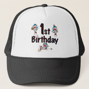 1st Sock Monkey Baseball Birthday Trucker Hat