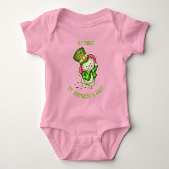 1st St. Patrick's Day Mouse Baby Pink Bodysuit (Front)