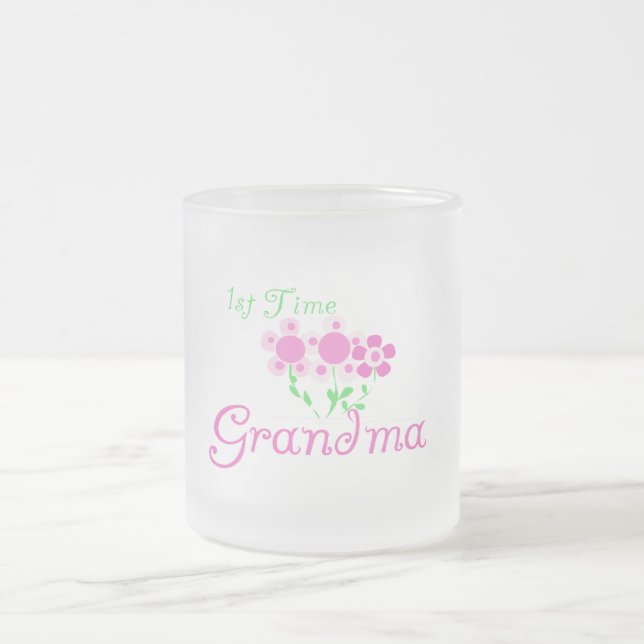 1st  Time Grandma-Pink Flowers Frosted Glass Coffee Mug (Center)