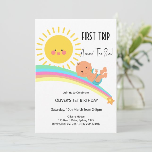 1st trip around the sun boy birthday  invitation (Standing Front)