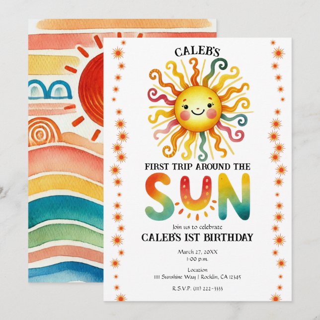 1st Trip Around the Sun Watercolor Birthday Party Invitation (Front/Back)