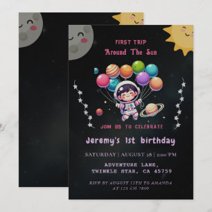 1st Trip Modern Watercolor Space 1st Birthday Boy Invitation