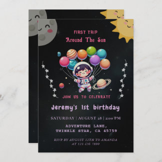 1st Trip Modern Watercolor Space 1st Birthday Boy Invitation