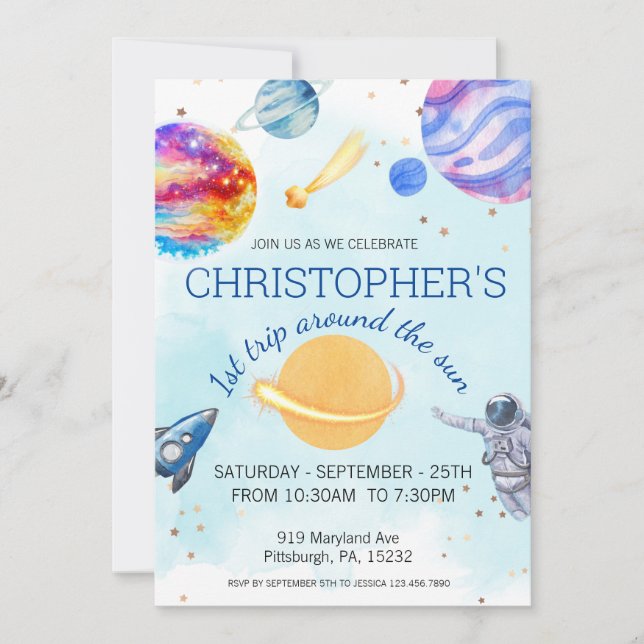 1st Trip Watercolor Outer Space 1st Birthday Boy  Invitation (Front)