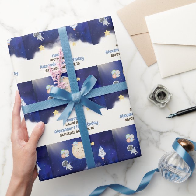 1st Trip Watercolor Outer Space 1st Birthday Boy Wrapping Paper (Gifting)