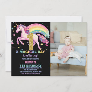 1st Unicorn Birthday Invitations Black w picture