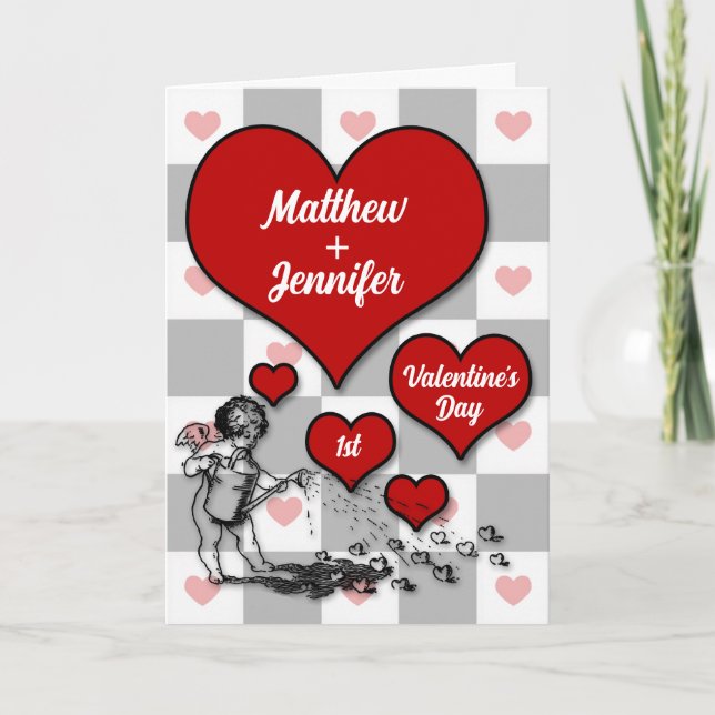 1st Valentine's Day Cupid Heart with Names Holiday Card (Front)
