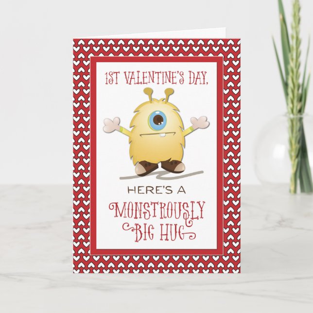 1st Valentine's Day Monster Hug Valentine Hearts K Holiday Card (Front)