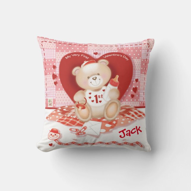 1st Valentine's Day Pillow. Baby Boy Cushion (Front)