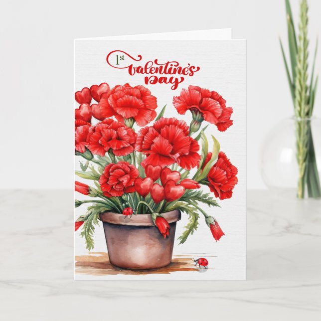 1st Valentine's Day Red Carnations Holiday Card (Front)